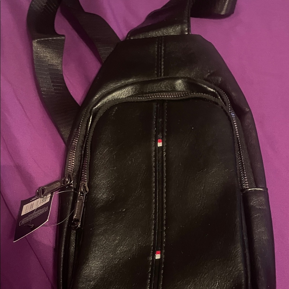 Tommy Hilfiger Black Leather Sling Belt Bag with Flag Stitch
